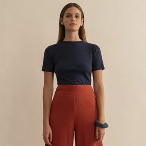 Delfina Balda Basic Color T-Shirt Top in Dark Navy